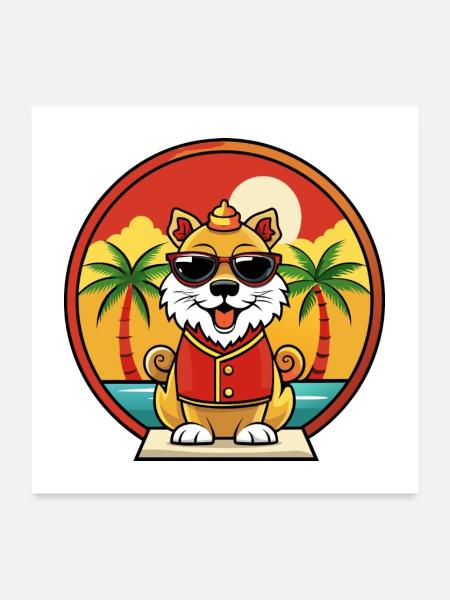 Chinesische kaiserliche Hunderasse Cartoon Sonnenbrille Strand - Poster 60x60 cm - Weiß - Vorne