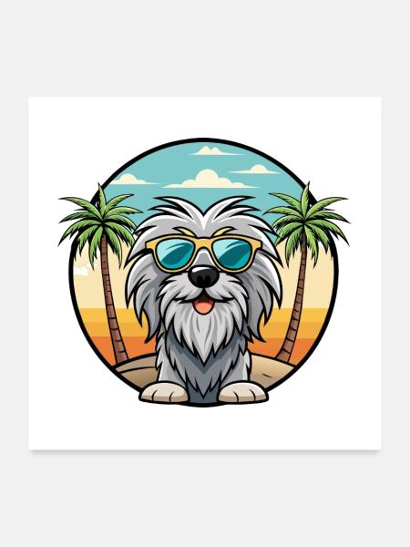 Bergamasco Schäferhund Rasse Cartoon Sonnenbrille Strand - Poster 60x60 cm - Weiß - Vorne