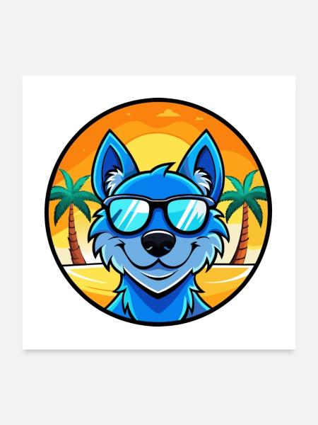 Blaue Spitzenhunderasse Cartoon Sonnenbrille Strand - Poster 60x60 cm - Weiß - Vorne