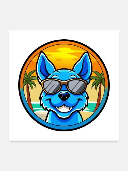 Blue Heeler Hunderasse Cartoon Sonnenbrille Strand - Poster 60x60 cm - Weiß - Vorne