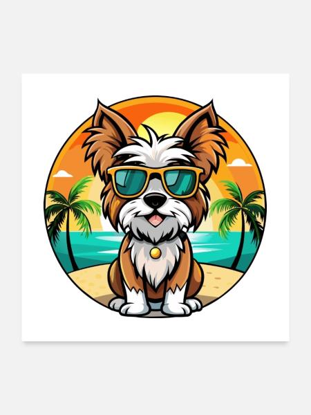 Biewer Terrier Hund Rasse Cartoon Sonnenbrille Strand - Poster 60x60 cm - Weiß - Vorne