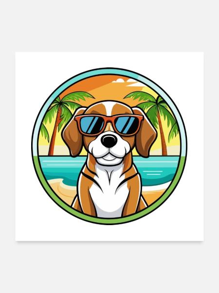 Beagle Harrier Hunderasse Cartoon Sonnenbrille Strand - Poster 60x60 cm - Weiß - Vorne