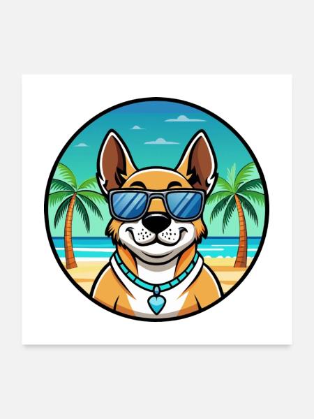 Australian Cattle Dog Rasse Cartoon Sonnenbrille Strand - Poster 60x60 cm - Weiß - Vorne