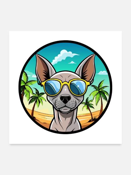 Amerikanischer haarloser Terrier Hunderasse Cartoon Beach - Poster 60x60 cm - Weiß - Vorne
