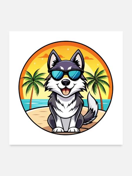 Alaskan Malamute Hunderasse Cartoon Sonnenbrille Strand - Poster 60x60 cm - Weiß - Vorne