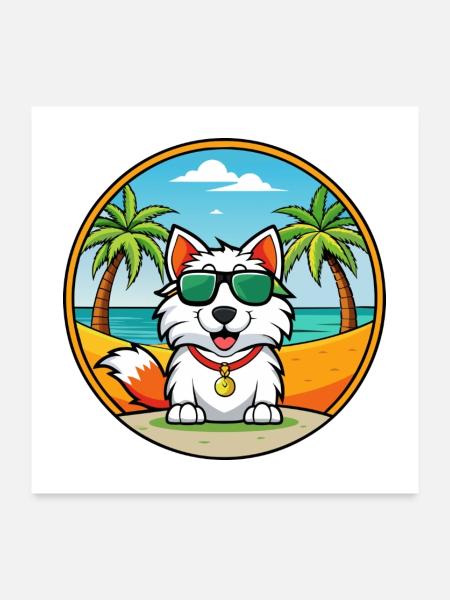 Welsh Sheepdog Rasse Cartoon Sonnenbrille Strand - Poster 60x60 cm - Weiß - Vorne