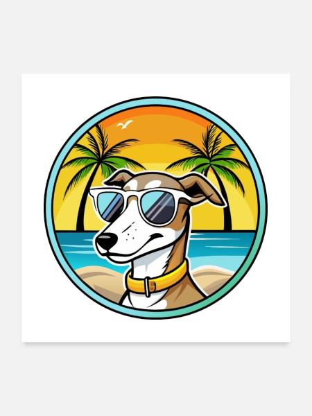 Whippet Hund Rasse Cartoon Sonnenbrille Strand - Poster 60x60 cm - Weiß - Vorne