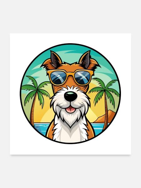 Draht Foxterrier Hunderasse Cartoon Sonnenbrille Strand - Poster 60x60 cm - Weiß - Vorne