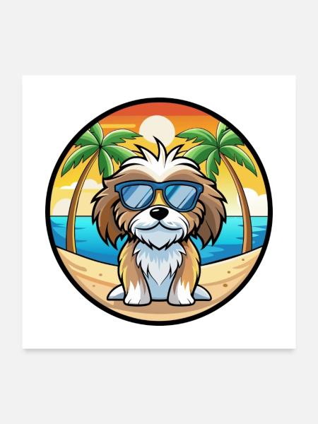 Tibetische Kyi Apso Hunderasse Cartoon Sonnenbrille Strand - Poster 60x60 cm - Weiß - Vorne