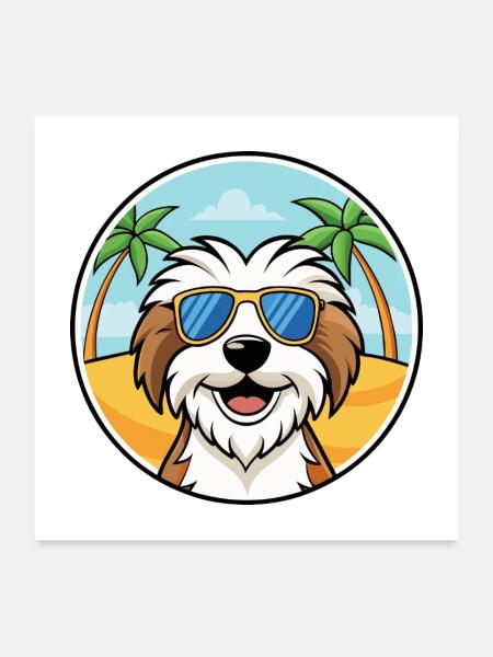 Tibet Terrier Hund Rasse Cartoon Sonnenbrille Strand - Poster 60x60 cm - Weiß - Vorne