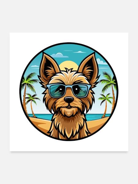Silky Terrier Hund Rasse Cartoon Sonnenbrille Strand - Poster 60x60 cm - Weiß - Vorne