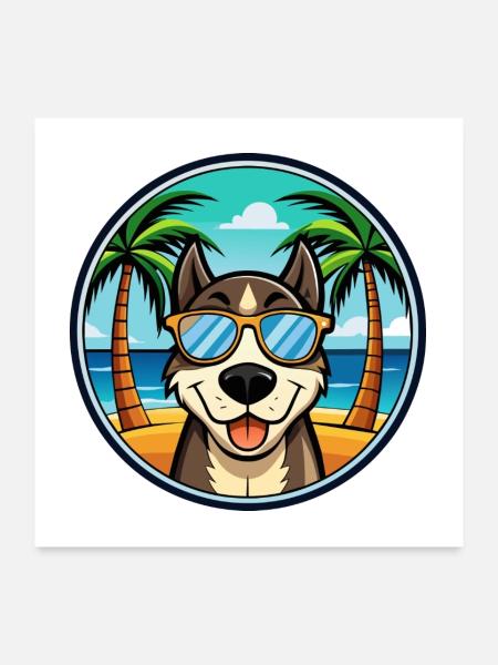 Sibirische Trikolore Hunderasse Cartoon Beach - Poster 60x60 cm - Weiß - Vorne