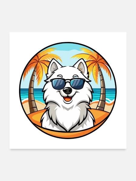 Samojede Hunderasse Cartoon Sonnenbrille Strand - Poster 60x60 cm - Weiß - Vorne
