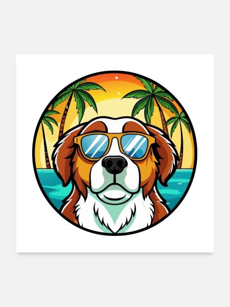 Bernhardiner Hunderasse Cartoon Sonnenbrille Strand - Poster 60x60 cm - Weiß - Vorne