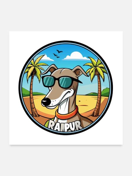 Rampur Windhund Hunderasse Cartoon Sonnenbrille Strand - Poster 60x60 cm - Weiß - Vorne
