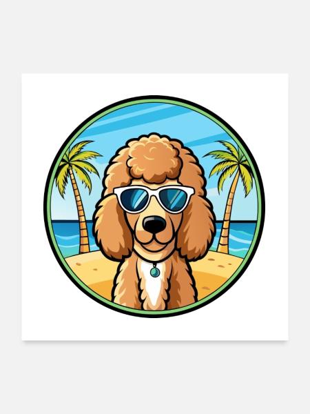 Caniche Chien Race Dessin Animé Lunettes De Soleil Plage - Poster 60 x 60 cm - blanc - Devant