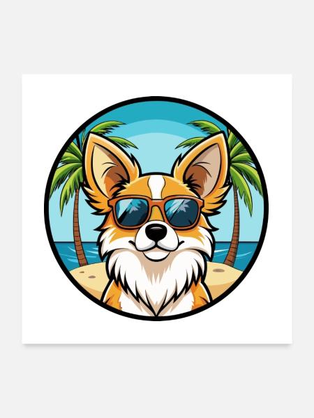 Papillon Hunderasse Cartoon Sonnenbrille Strand - Poster 60x60 cm - Weiß - Vorne