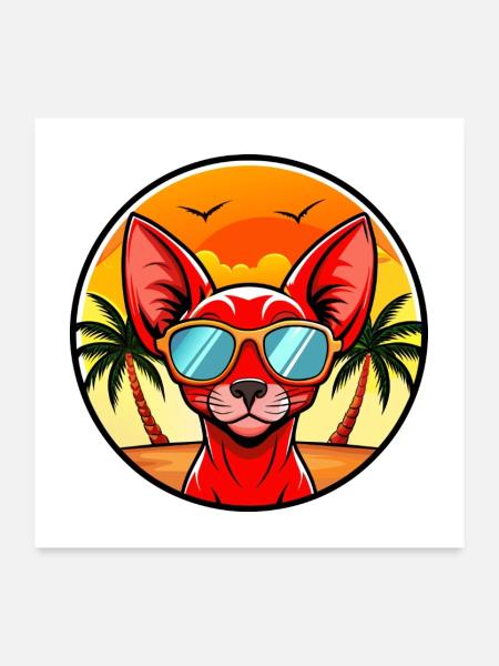 Rote Devon Rex Katzenrasse Cartoon Sonnenbrille Strand - Poster 60x60 cm - Weiß - Vorne