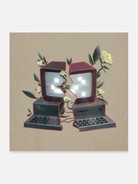 Computer mit Blumen - Natur überwältigt Technik - Poster 60x60 cm - Weiß - Vorne