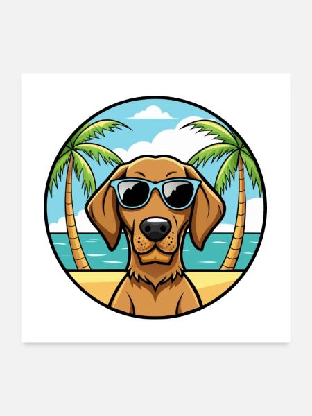 Drahthaar Vizsla Hund Rasse Cartoon Sonnenbrille Strand - Poster 60x60 cm - Weiß - Vorne