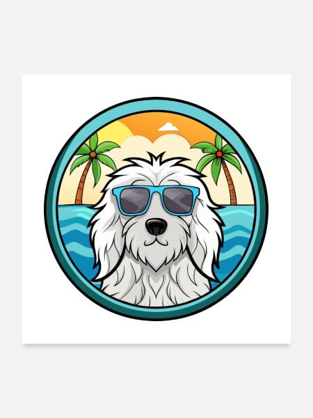 Komondor Hunderasse Cartoon Sonnenbrille Strand - Poster 60x60 cm - Weiß - Vorne