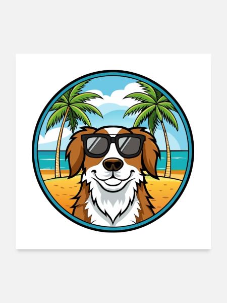 Landseer Dog Breed Cartoon Sunglasses Beach - Poster 24" x 24" (60x60 cm) - white - Front