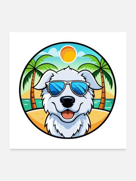 Kuvasz Dog Breed Cartoon Sunglasses Beach - Poster 24" x 24" (60x60 cm) - white - Front