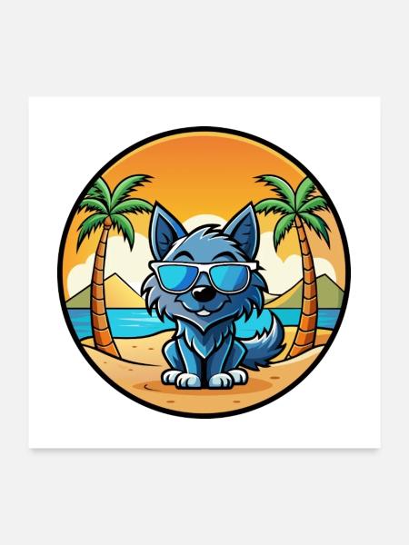 Griffon Bleu De Gascogne Hunderasse Cartoon Beach - Poster 60x60 cm - Weiß - Vorne