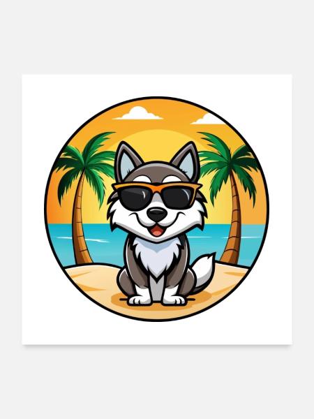 Karelischer Bär Hund Rasse Cartoon Sonnenbrille Strand - Poster 60x60 cm - Weiß - Vorne