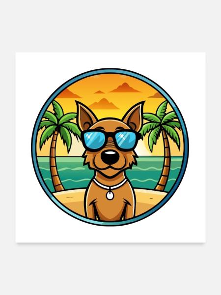 Jagdterrier Hunderasse Cartoon Sonnenbrille Strand - Poster 60x60 cm - Weiß - Vorne