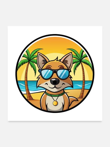 Indischer Paria Hund Rasse Cartoon Sonnenbrille Strand - Poster 60x60 cm - Weiß - Vorne