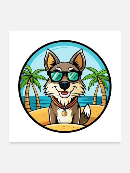 Georgischer Schäferhund Hunderasse Cartoon Sonnenbrille Strand - Poster 60x60 cm - Weiß - Vorne