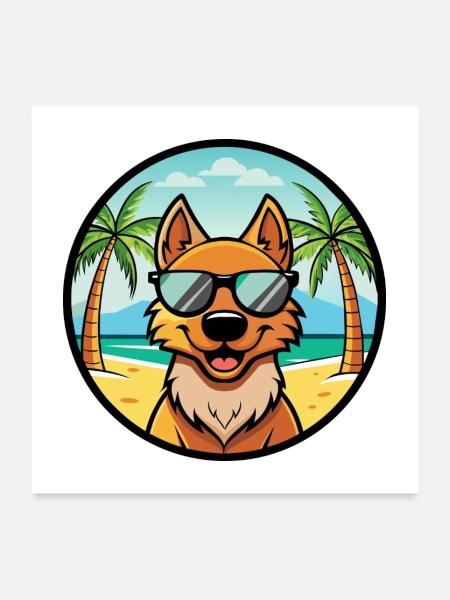 Friesischer Vorstehhund Rasse Cartoon Sonnenbrille Strand - Poster 60x60 cm - Weiß - Vorne