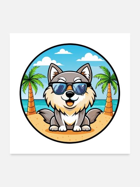 Finnischer Lapphund Hund Rasse Cartoon Sonnenbrille Strand - Poster 60x60 cm - Weiß - Vorne