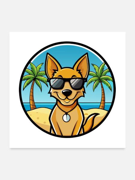 Dingo Hund Rasse Cartoon Sonnenbrille Strand - Poster 60x60 cm - Weiß - Vorne
