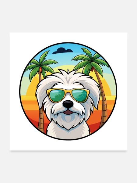 Coton De Tulear Hunderasse Cartoon Sonnenbrille Strand - Poster 60x60 cm - Weiß - Vorne