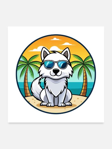 American Eskimo Dog Breed Cartoon Sunglasses Beach - Poster 24" x 24" (60x60 cm) - white - Front