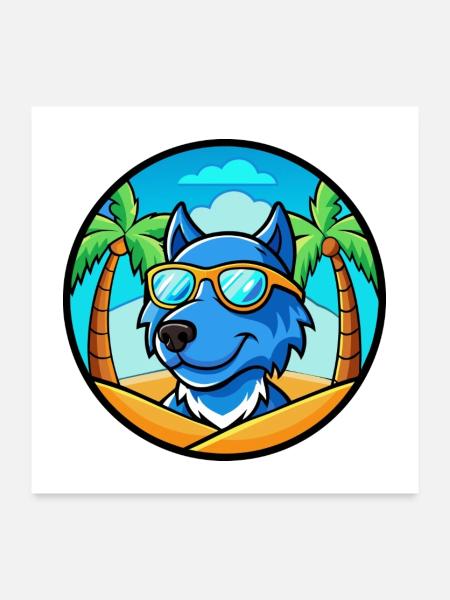 Blaue Spitzenhunderasse Cartoon Sonnenbrille Strand - Poster 60x60 cm - Weiß - Vorne