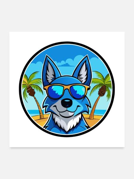 Blue Heeler Hunderasse Cartoon Sonnenbrille Strand - Poster 60x60 cm - Weiß - Vorne