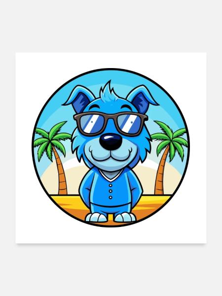 Blauer Paul Terrier Hund Rasse Cartoon Sonnenbrille Strand - Poster 60x60 cm - Weiß - Vorne