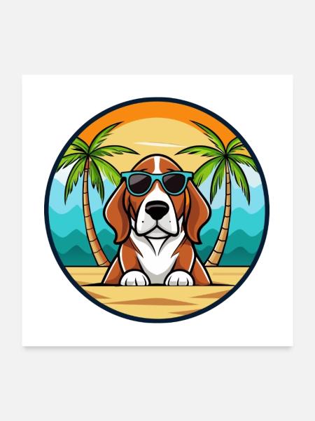 Basset Artesien Normand Hunderasse Cartoon Beach - Poster 60x60 cm - Weiß - Vorne