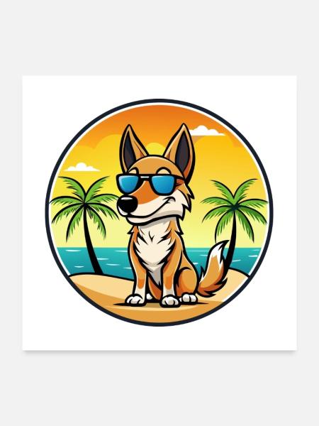 Australischer Kelpie Hund Rasse Cartoon Sonnenbrille Strand - Poster 60x60 cm - Weiß - Vorne