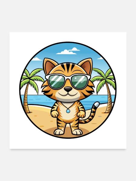 Toyger Katze Rasse Cartoon Kawaii Sonnenbrille Strand - Poster 60x60 cm - Weiß - Vorne