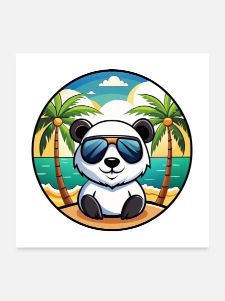 Panda Lustige Cartoon Sommer Strand Sonnenbrille Cool - Poster 60x60 cm - Weiß - Vorne