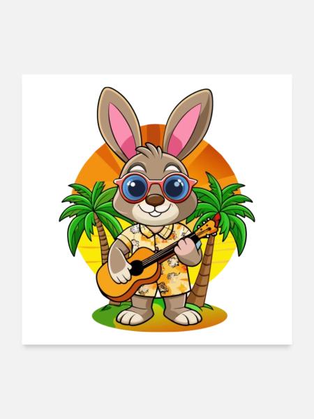 Lustige Kaninchen Sommer Strand Sonnenbrille Hawaiianisch - Poster 60x60 cm - Weiß - Vorne