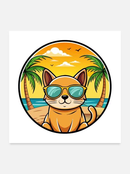 Burmaische Katze Rasse Cartoon Sonnenbrille Strand - Poster 60x60 cm - Weiß - Vorne