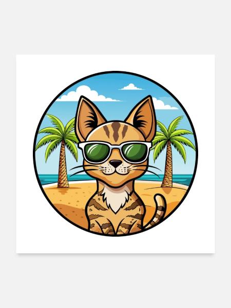 Savannah Katzenrasse Cartoon Sonnenbrille Strand - Poster 60x60 cm - Weiß - Vorne