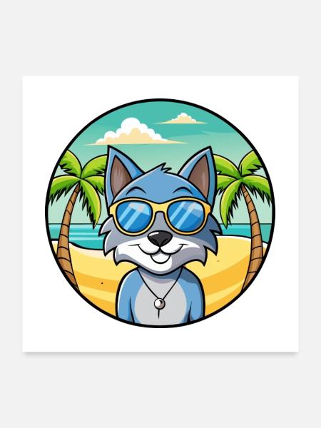 Russische blaue Katzenrasse Cartoon Sonnenbrille Strand - Poster 60x60 cm - Weiß - Vorne