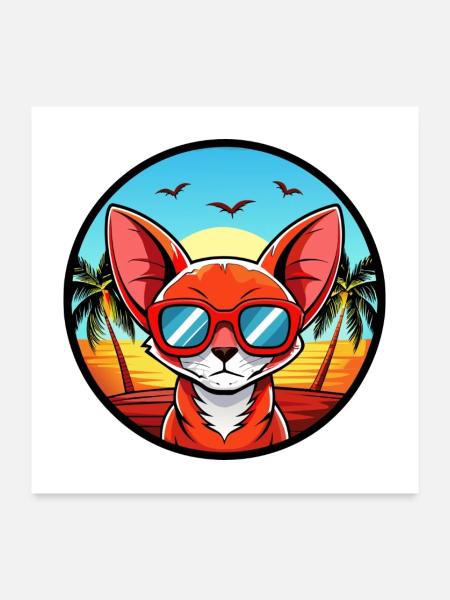 Rote Devon Rex Katzenrasse Cartoon Sonnenbrille Strand - Poster 60x60 cm - Weiß - Vorne