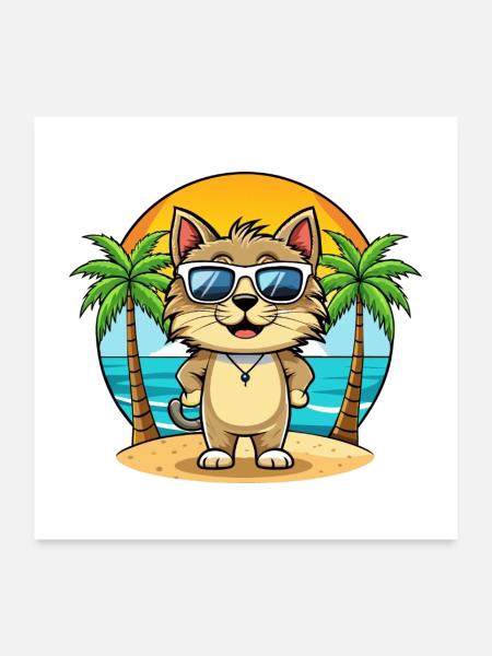 Kurilian Bobtail Cat Breed Cartoon Sunglass Beach - Poster 60 x 60 cm - blanc - Devant